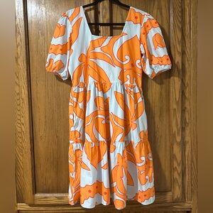 Maude Vivante Abstract Tropical Floral Babydoll Puff Sleeve Dress Sz L Orange